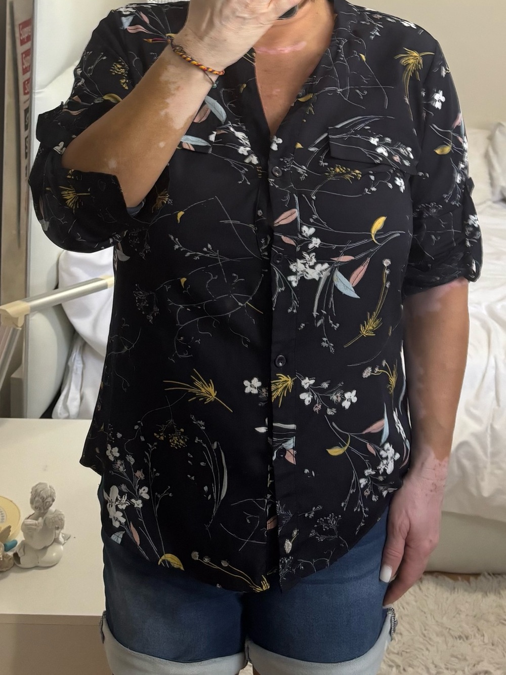 SoTeer Women’s Navy Floral Chiffon V-Neck Button Front Blouse Size XL